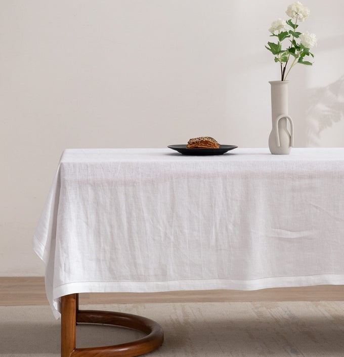 PURE LINEN HEMSTITCH TABLECLOTH100 STONEWASHED FRENCH LINEN TABLECLOTHS FOR KITCHEN DINING RECTANGLE TABLES60X144INCH MACHINE WASHABLE CHRISTMAS THANKSGIVING ORGANIC TABLECLOTHWHITE