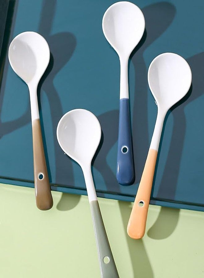 Forieru 4Pcs Porcelain Soup Spoons Cute Ceramic Tablespoon Long Handle Soup Spoon Small Spoons For Soup Dumpling Ice Cream (Orange+Green+Blue+Brown) - Image 5