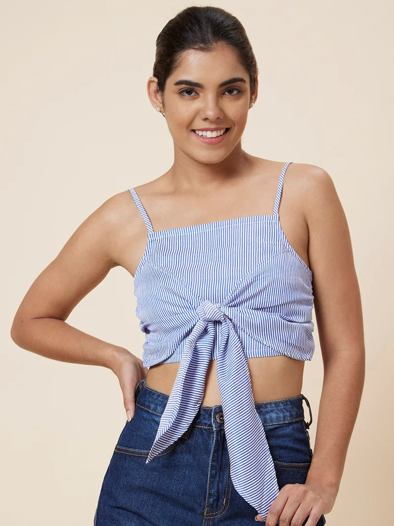 globus Globus Women Blue & White Striped Shoulder Strap Tank Crop Top