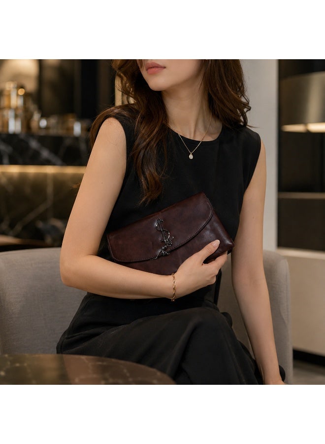Women's clutch bag with a long strap, suitable for crossbody and shoulder carrying. Classic design with metal details, ideal for outings, evenings out, and special occasions - Brown - Image 2