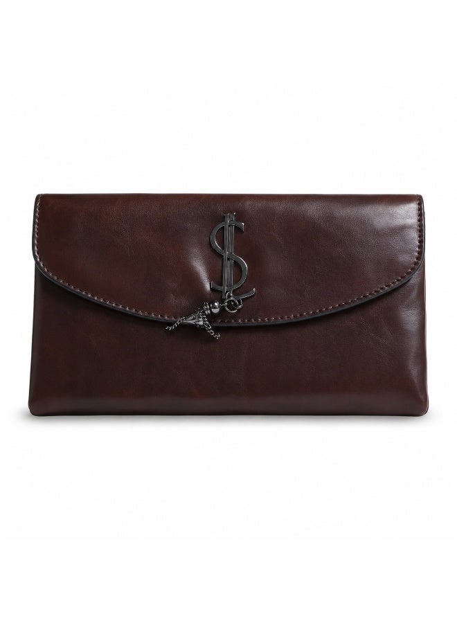 Women's clutch bag with a long strap, suitable for crossbody and shoulder carrying. Classic design with metal details, ideal for outings, evenings out, and special occasions - Brown - Image 1
