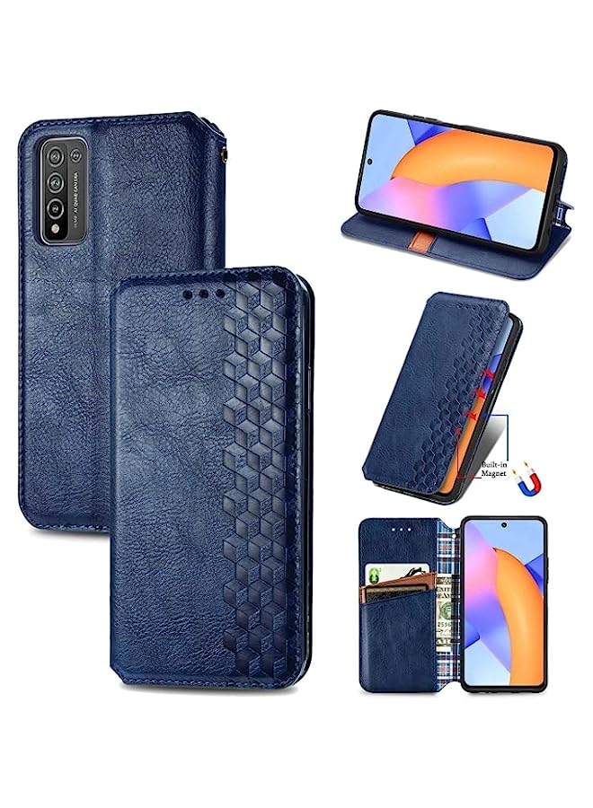 HuHa HuHa Case Cover Compatible For Huawei Honor 10 X Lite Cubic Grid Pressed Horizontal Flip Magnetic PU Leather Case with Holder & Card Slots & Wallet Blue - Image 1