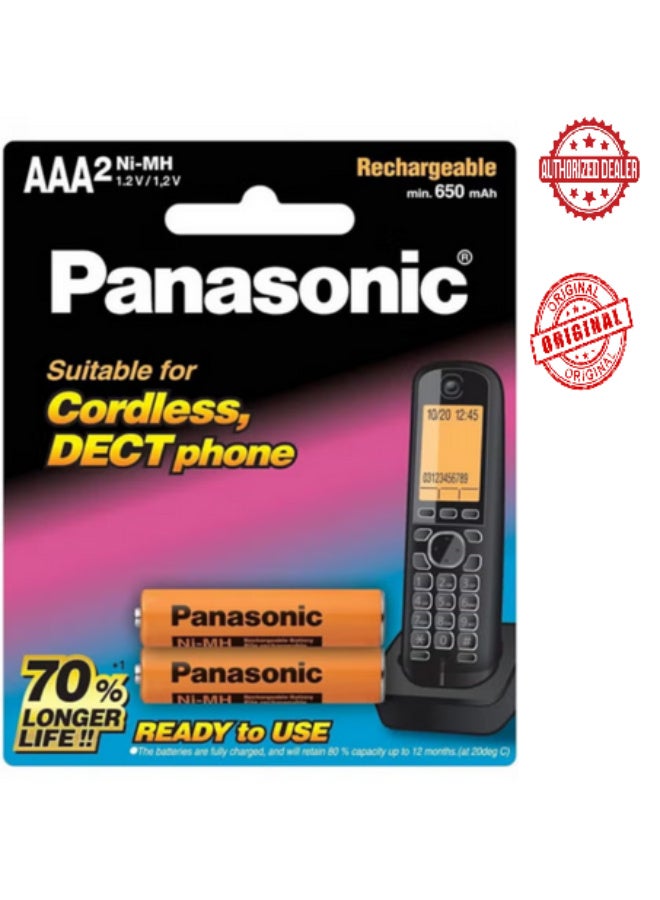 Panasonic Panasonic Original Rechargeable AAA2 Ni-MH 650 mAh Batteries for Cordless DECT Phones / Remote Control / Keyboard / Day to Day Electronic Appliances Pack of 2 Pieces - Image 1