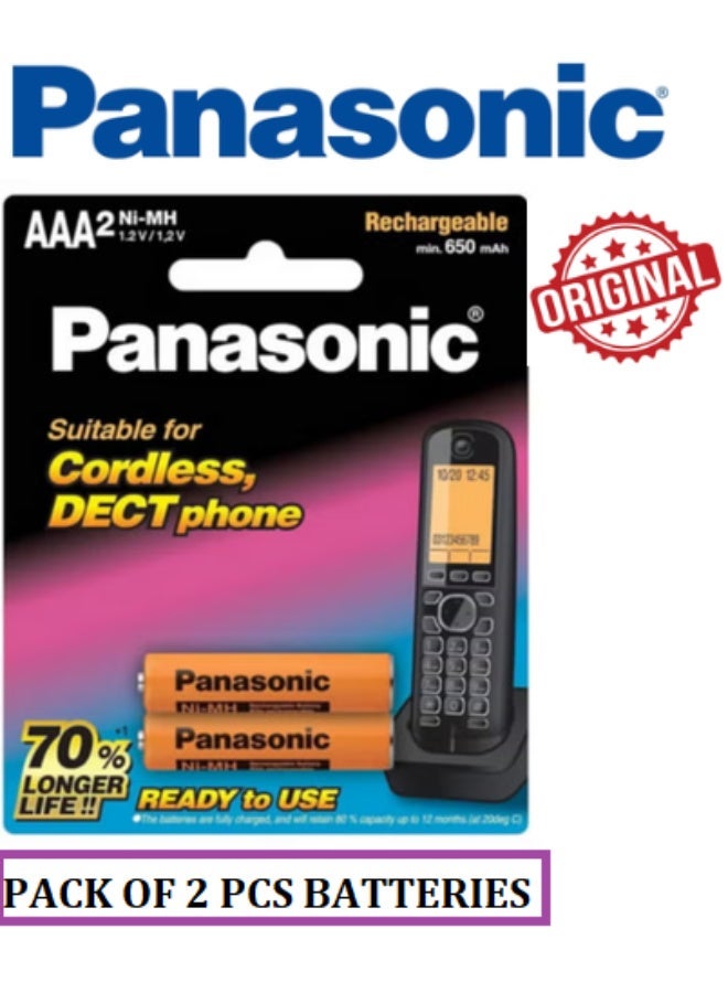 Panasonic Original Rechargeable AAA2 Ni-MH 650 mAh Batteries for Cordless DECT Phones / Remote Control / Keyboard / Day to Day Electronic Appliances Pack of 2 Pieces - Image 1