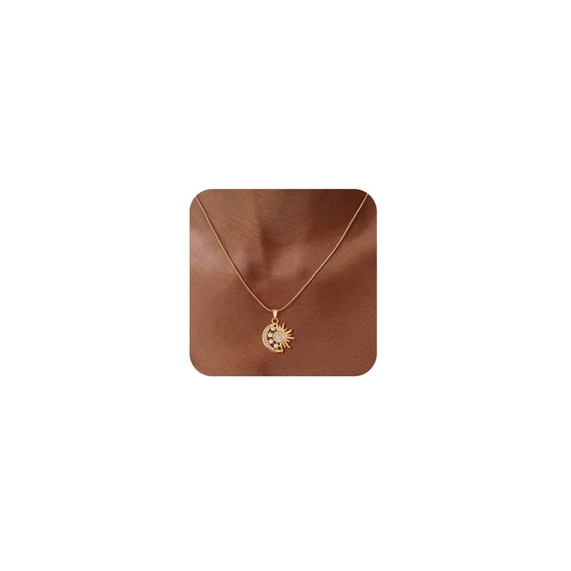 CHESKY Star Necklace for Women, Dainty 14k Gold Plated Cubic Zirconia Sun and Moon Necklace for Womens Statement Choker Necklace for Women Simple Crescent Moon Gold Jewelry for Women Gifts - Image 1