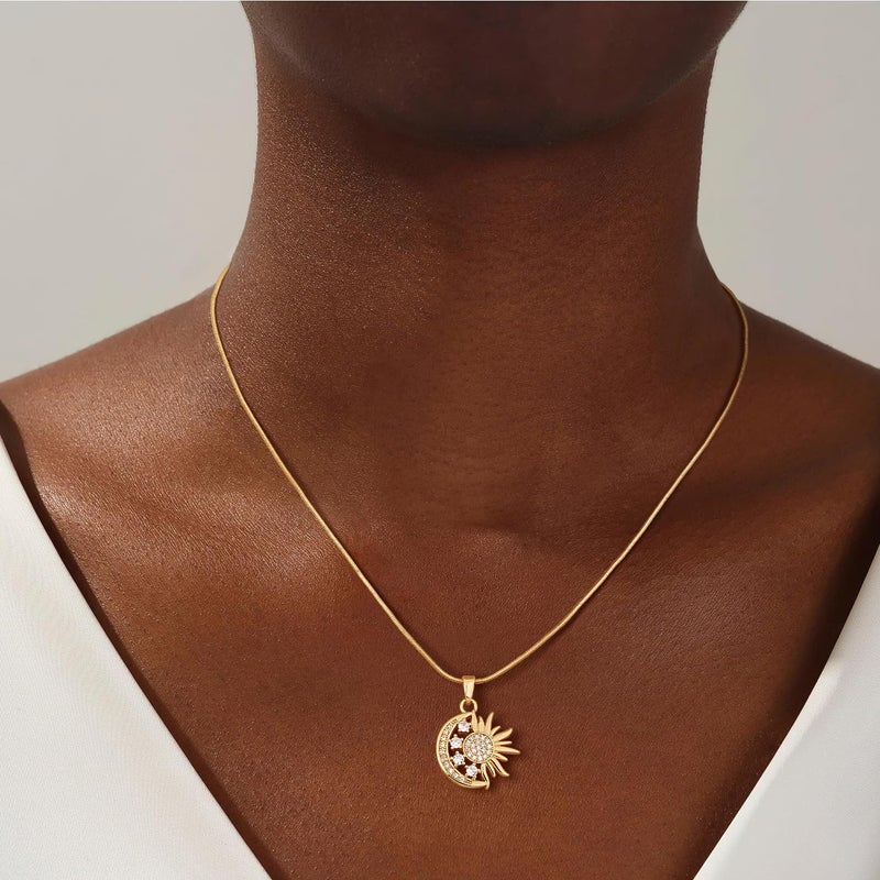 CHESKY Star Necklace for Women, Dainty 14k Gold Plated Cubic Zirconia Sun and Moon Necklace for Womens Statement Choker Necklace for Women Simple Crescent Moon Gold Jewelry for Women Gifts - Image 2