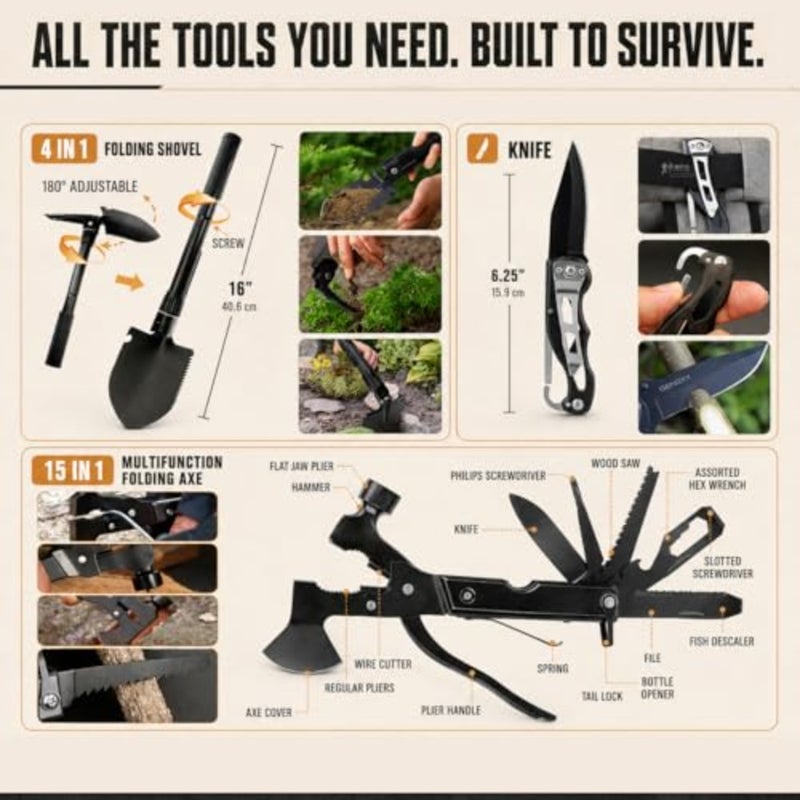 Survival Kit, 250Pcs Survival Gear First Aid Kit with Molle System Compatible Bag and Emergency Tent, Emergency Kit for Earthquake, Outdoor Adventure, Hiking, Hunting, Gifts for Men Women - Image 3