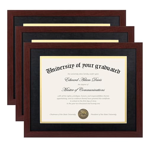 upsimples 11x14 Diploma Frame Certificate Degree Document Frame with High Definition Glass, 8.5 x 11 with mat for Wall and Tabletop, Mahogany Double Mat, 3 Pack - Image 1