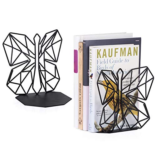 Alsonerbay Bookends Geometric Decorative Metal Book Stoppers Abstract Creative Book Supports, Book Holders for Shelves, Butterfly Book Ends for Office 1 Pair (Black) - Image 1