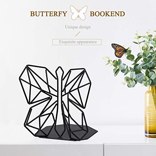 Alsonerbay Bookends Geometric Decorative Metal Book Stoppers Abstract Creative Book Supports, Book Holders for Shelves, Butterfly Book Ends for Office 1 Pair (Black) - Image 2