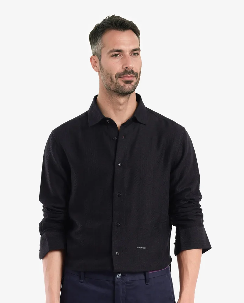 رير رابِت Rare Rabbit Men Aube Black Cotton Fabric Full Sleeve Slim Fit Plain Shirt