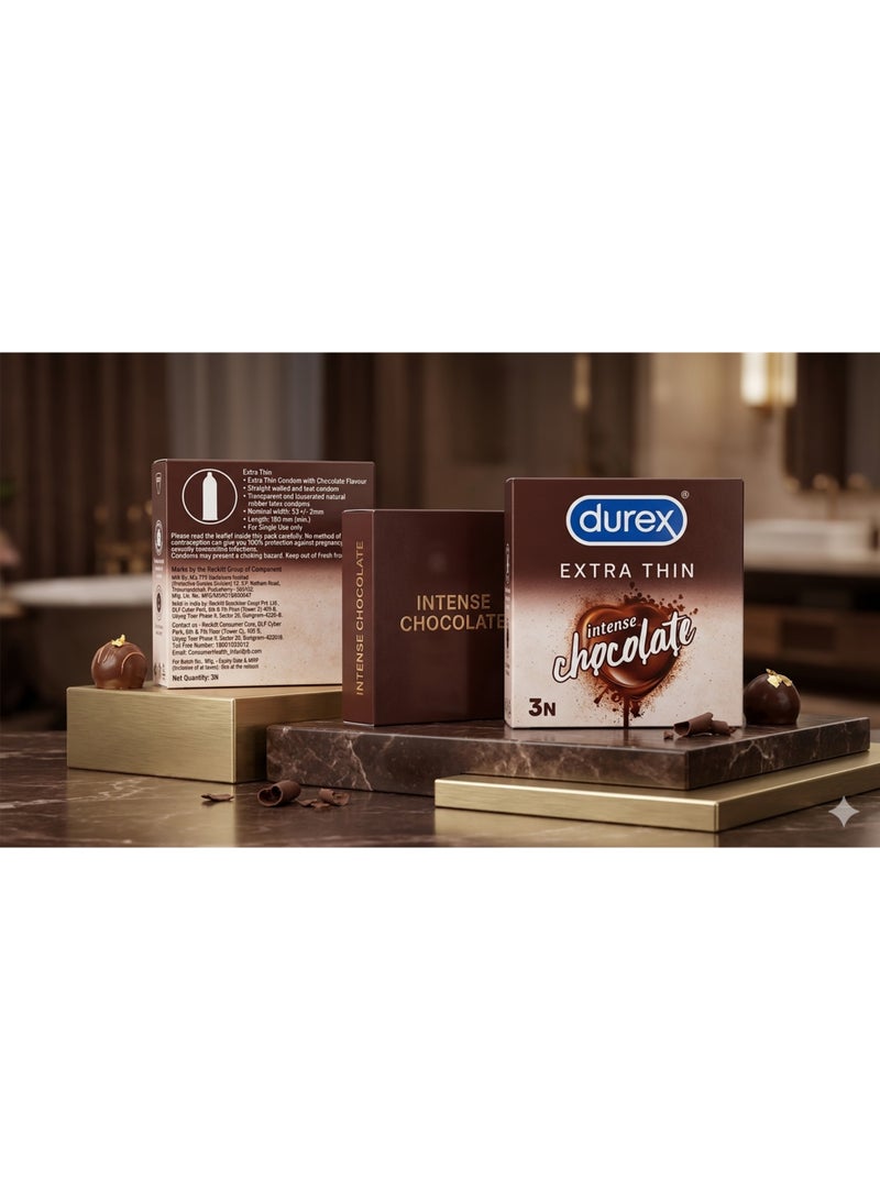 Durex Extra Thin Intense Chocolate Condoms 3N Pack of 3x3N, Ultra Thin Lubricated Protection with Chocolate Flavour