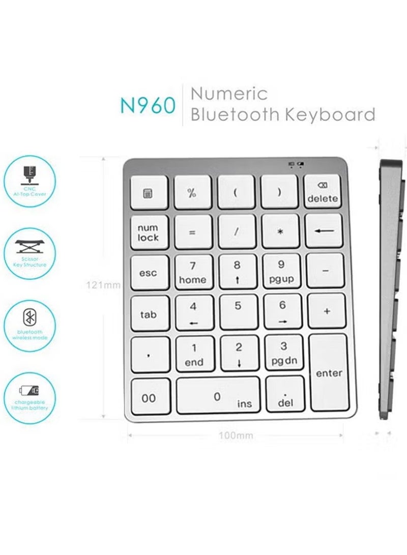 إكس ليفيل لوحة مفاتيح رقمية لاسلكية، لوحة أرقام ٢٨ مفتاحًا مع مستقبل USB صغير ٢.٤ جيجاهرتز، لوحة أرقام رقمية محمولة للمحاسبة المالية، لوحة مفاتيح رقمية لاسلكية صغيرة قابلة لإعادة الشحن، تعمل بتقنية البلوتوث، بتردد ٢.٤ جيجاهرتز لأجهزة الكمبيوتر المحمولة والمكتبية والمحمولة وأجهزة سيرفس برو - فضي. - Image 2