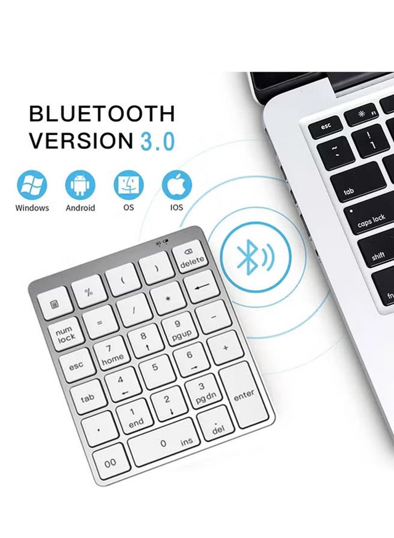 إكس ليفيل لوحة مفاتيح رقمية لاسلكية، لوحة أرقام ٢٨ مفتاحًا مع مستقبل USB صغير ٢.٤ جيجاهرتز، لوحة أرقام رقمية محمولة للمحاسبة المالية، لوحة مفاتيح رقمية لاسلكية صغيرة قابلة لإعادة الشحن، تعمل بتقنية البلوتوث، بتردد ٢.٤ جيجاهرتز لأجهزة الكمبيوتر المحمولة والمكتبية والمحمولة وأجهزة سيرفس برو - فضي. - Image 1