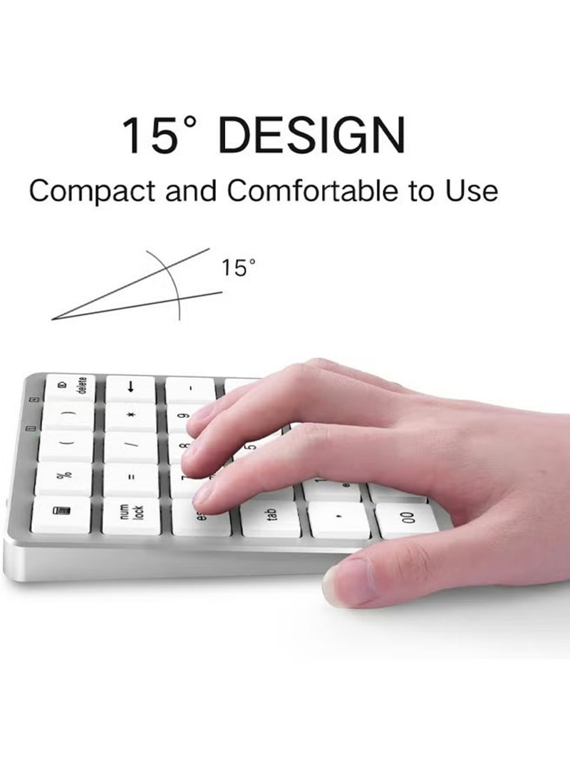 إكس ليفيل لوحة مفاتيح رقمية لاسلكية، لوحة أرقام ٢٨ مفتاحًا مع مستقبل USB صغير ٢.٤ جيجاهرتز، لوحة أرقام رقمية محمولة للمحاسبة المالية، لوحة مفاتيح رقمية لاسلكية صغيرة قابلة لإعادة الشحن، تعمل بتقنية البلوتوث، بتردد ٢.٤ جيجاهرتز لأجهزة الكمبيوتر المحمولة والمكتبية والمحمولة وأجهزة سيرفس برو - فضي. - Image 3