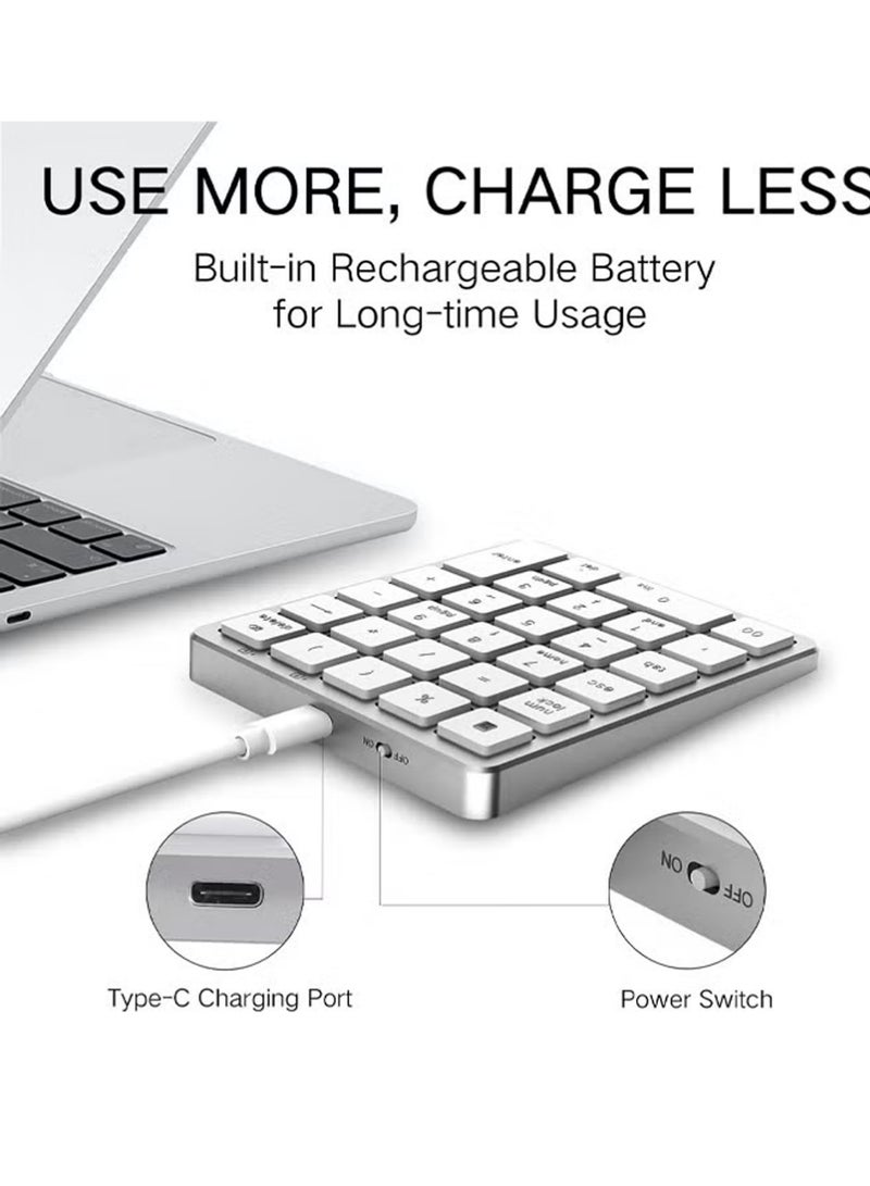 إكس ليفيل لوحة مفاتيح رقمية لاسلكية، لوحة أرقام ٢٨ مفتاحًا مع مستقبل USB صغير ٢.٤ جيجاهرتز، لوحة أرقام رقمية محمولة للمحاسبة المالية، لوحة مفاتيح رقمية لاسلكية صغيرة قابلة لإعادة الشحن، تعمل بتقنية البلوتوث، بتردد ٢.٤ جيجاهرتز لأجهزة الكمبيوتر المحمولة والمكتبية والمحمولة وأجهزة سيرفس برو - فضي. - Image 5