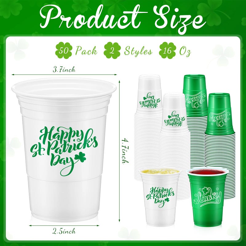 Pickmesh 50 Pcs St Patricks Day Plastic Cups 16oz Lucky Shamrock Design Disposable Cups for Lucky Party Supply St Patrick's Day Cups for Hot Cold Drinks Coffee Juice Beer Candy Snacks - Image 1