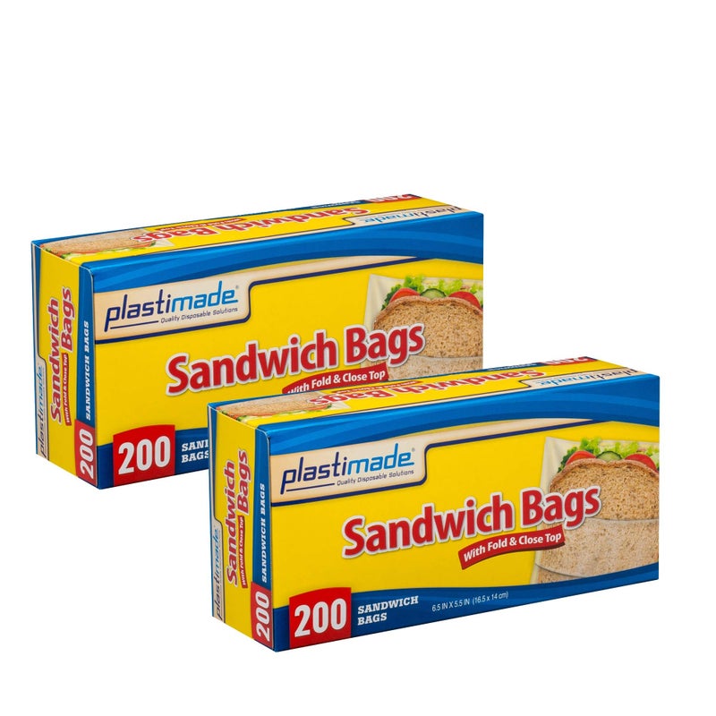 Plastimade Disposable Plastic Sandwich Bags With Fold Close Top 400 Bags Great For Home Office Vacation Traveling Sandwich Fruits Nuts Cake Cookies Or Any Snacks 2 Packs