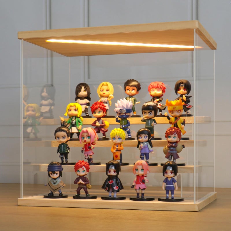 LANSCOERY LANSCOERY Acrylic Display Case with LED Light, Clear 4 Tier Organization, Dustproof Wooden Display Box, Exclusive Showcase for Collectibles, Mini Figures and Funko Pop, 11.8x8.9x11inch  - Image 1