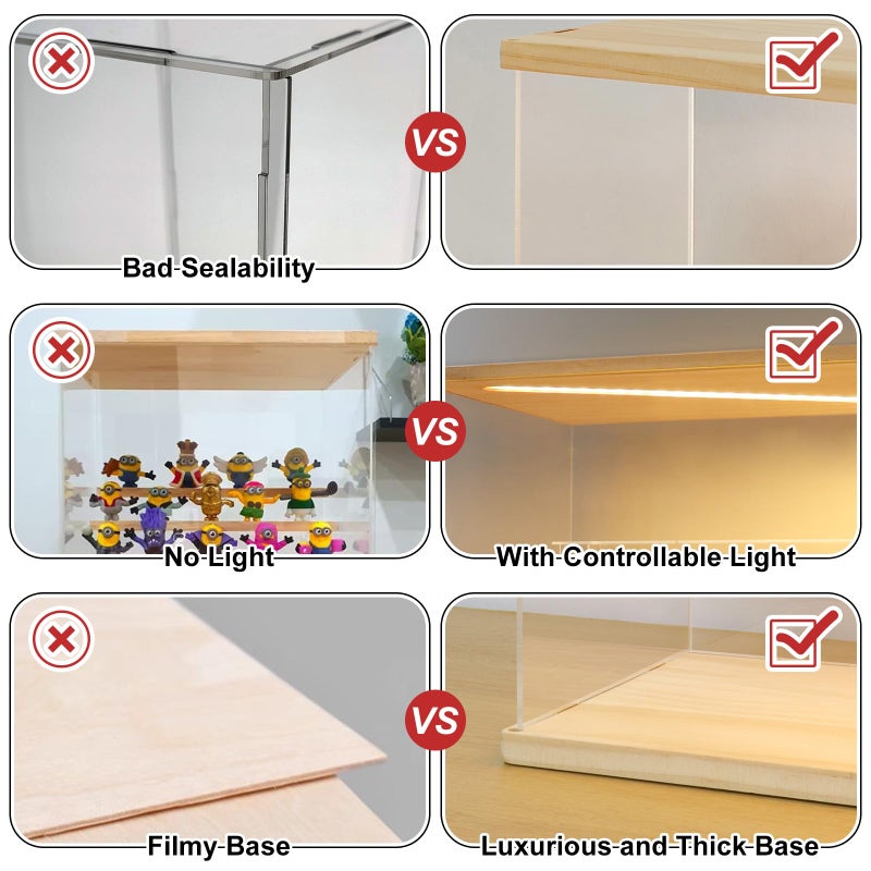 LANSCOERY LANSCOERY Acrylic Display Case with LED Light, Clear 4 Tier Organization, Dustproof Wooden Display Box, Exclusive Showcase for Collectibles, Mini Figures and Funko Pop, 11.8x8.9x11inch  - Image 4