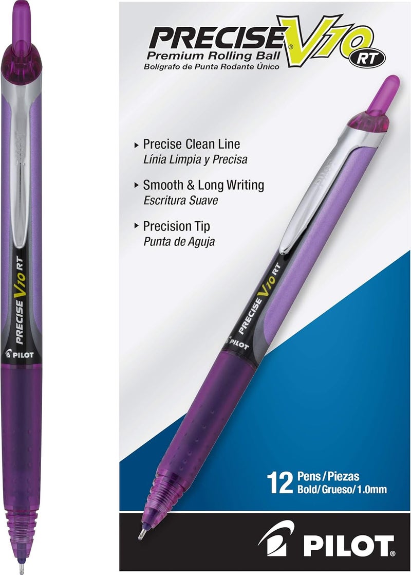 PILOT , Precise V10 RT Refillable & Retractable Rolling Ball Pens, Bold Point 1 mm, Purple, Pack of 12 - Image 1