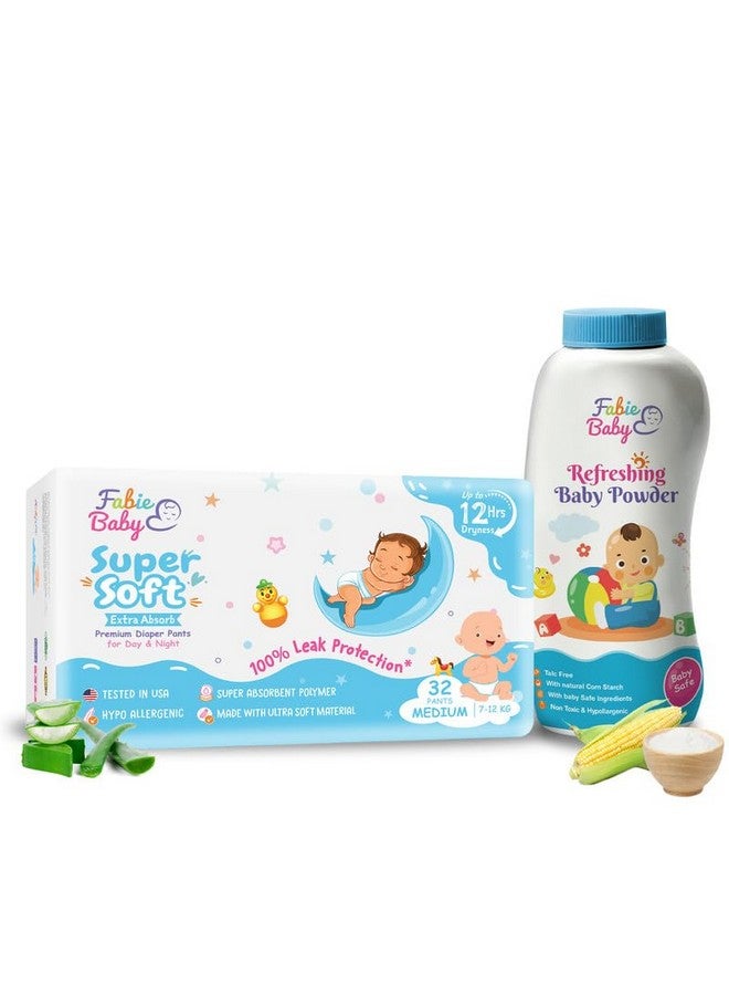 Fabie Baby Bottom Duo Premium Diaper M Size Pants With 100% Chemical Free Diaper Cream, Combo Offer (Medium Diaper 32 Count + Powder 200Gm) - Image 1