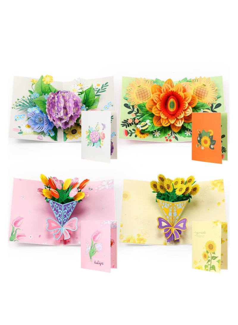 SYOSI 4 Pcs 3D Pop-up Flower Greeting Card Birthday Cards Mother's Day Greeting Cards Anniversary Card Bouquet Celebration Card with Note Card and Envelope for Mother Wife Teacher Friends - Image 1