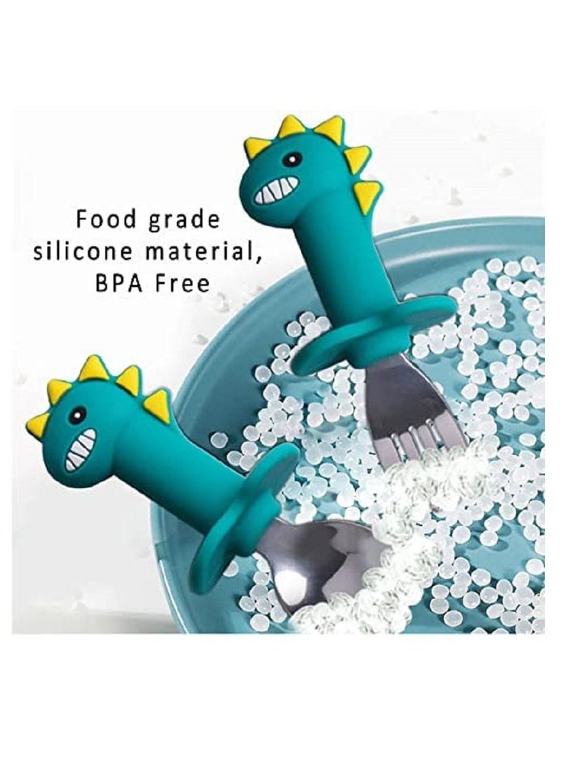Brain Giggles Brain Giggles Short Handle Stainless Steel Baby Training Fork & Spoon Set - Dinasour  - Image 2