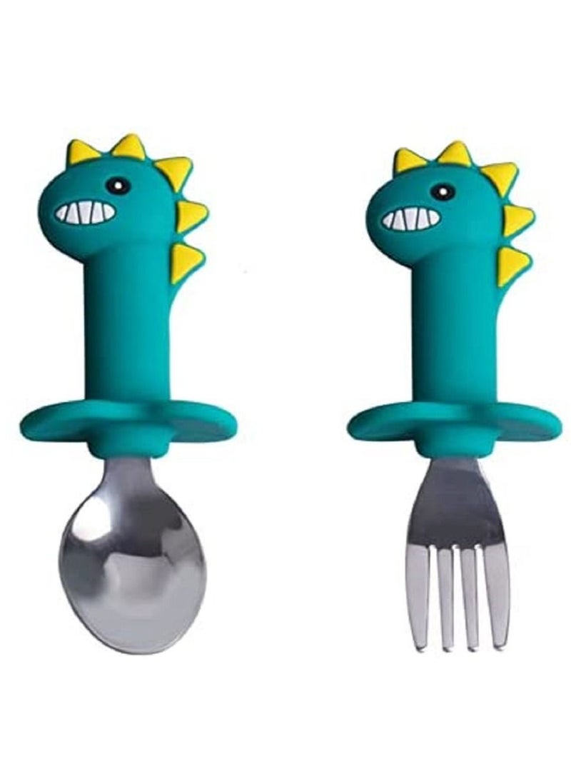 Brain Giggles Brain Giggles Short Handle Stainless Steel Baby Training Fork & Spoon Set - Dinasour  - Image 1