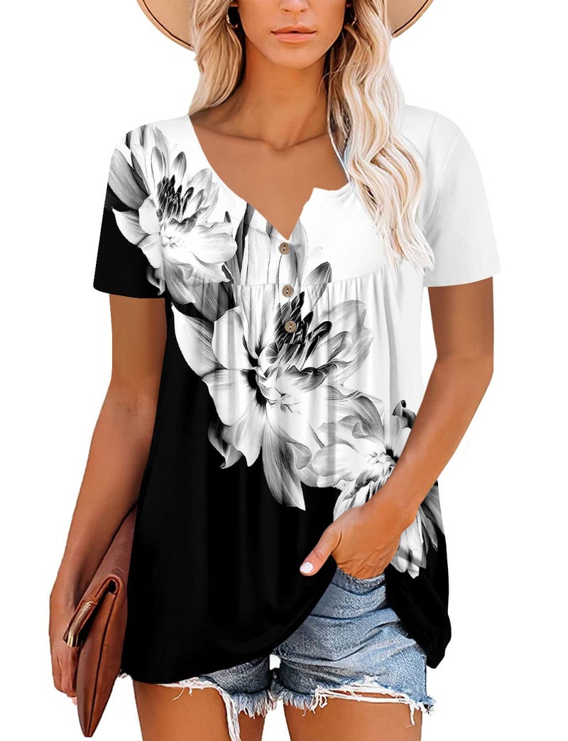 ROSELINLIN Short Sleeve Shirts for Women Black White Contrast Color V Neck Blouse Ladies Tunic Tops L - Image 2