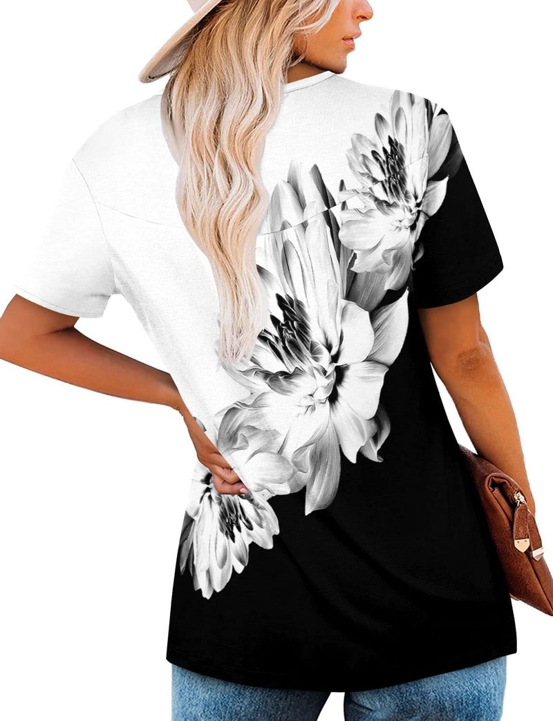 ROSELINLIN Short Sleeve Shirts for Women Black White Contrast Color V Neck Blouse Ladies Tunic Tops L - Image 4