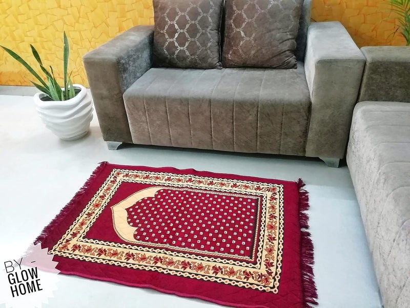 GLOW HOME GLOW HOME Janamaz Prayer Mat for Muslims 4x2 Feet Velvet Chenille Musallah for Namaz Mats Light Guided Prayer mat for Men and Women Maroon  - Image 1