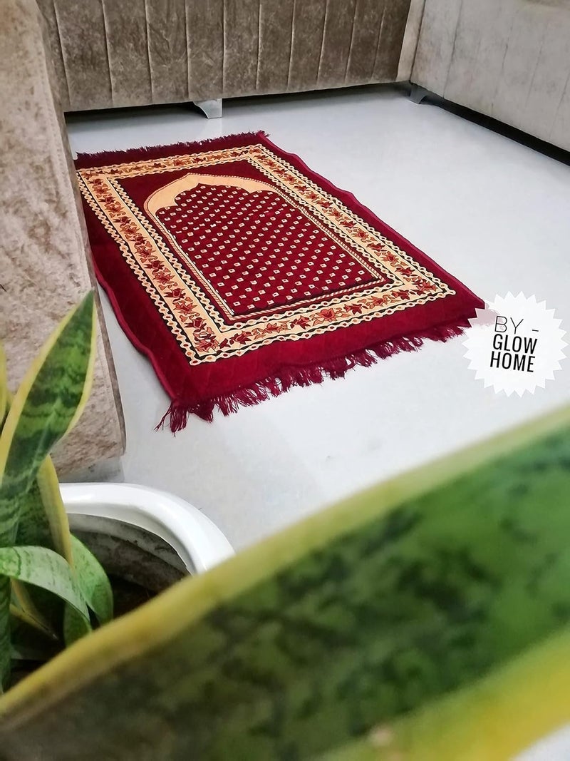 GLOW HOME GLOW HOME Janamaz Prayer Mat for Muslims 4x2 Feet Velvet Chenille Musallah for Namaz Mats Light Guided Prayer mat for Men and Women Maroon  - Image 2