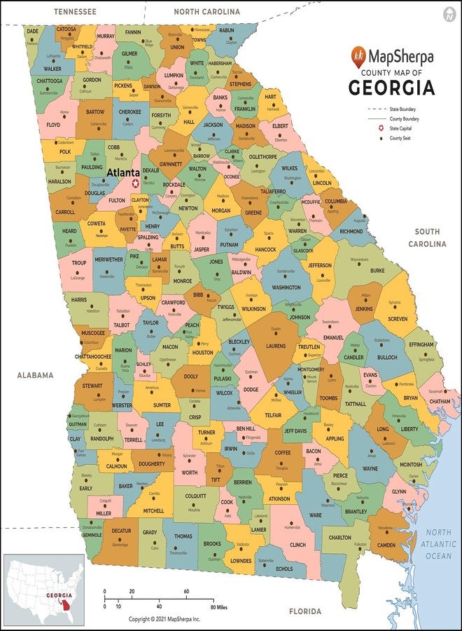 MapSherpa خريطة مقاطعات جورجيا - قياسية - 36 بوصة × 36.5 بوصة، مغلفة - Image 1
