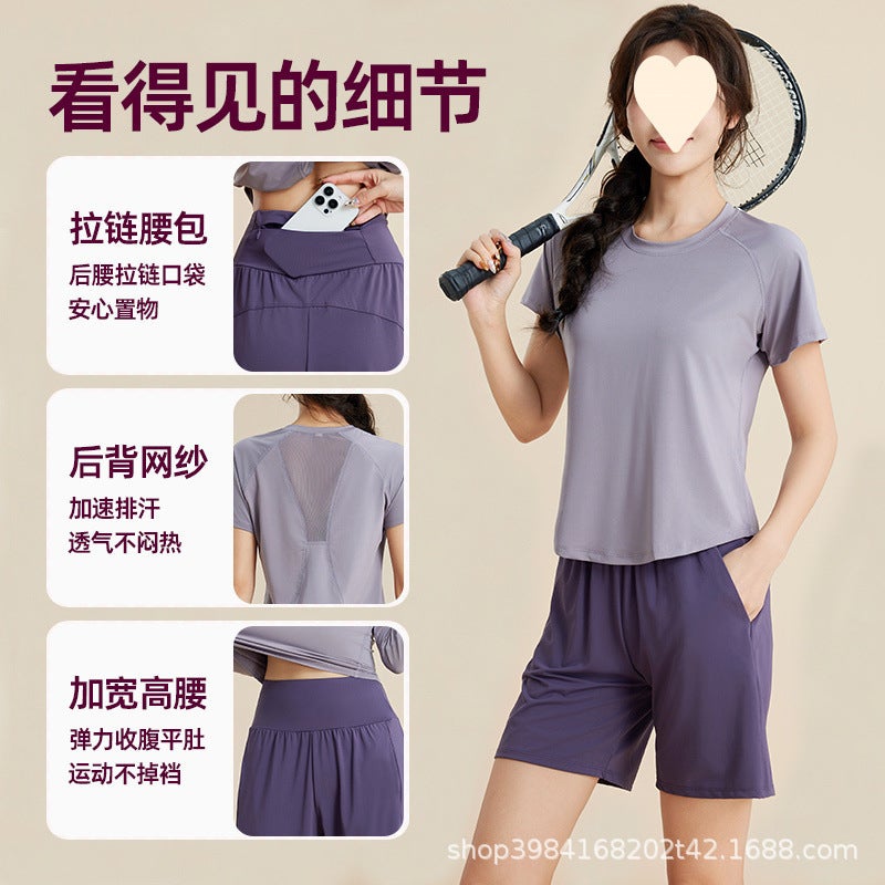 Plus Size Yoga Running Set with Short Sleeve Top and Shorts - Image 2