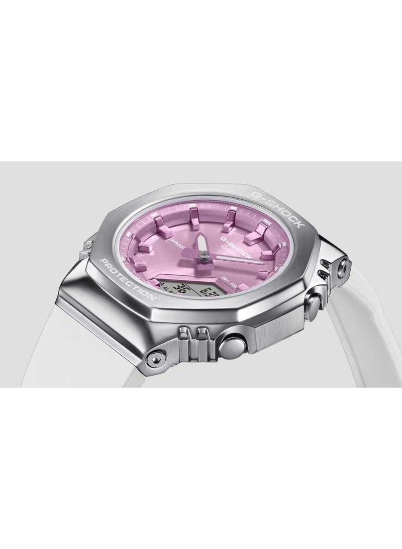 G-SHOCK Analog‑Digital Women's Watch GM‑S2110‑7A6, 45.9 mm Pink Dial & Silver Metal Bezel, White Bio‑Resin Band, 200 m WR - Image 5