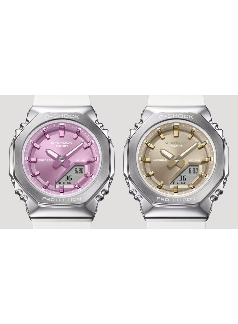 G-SHOCK Analog‑Digital Women's Watch GM‑S2110‑7A6, 45.9 mm Pink Dial & Silver Metal Bezel, White Bio‑Resin Band, 200 m WR - Image 4