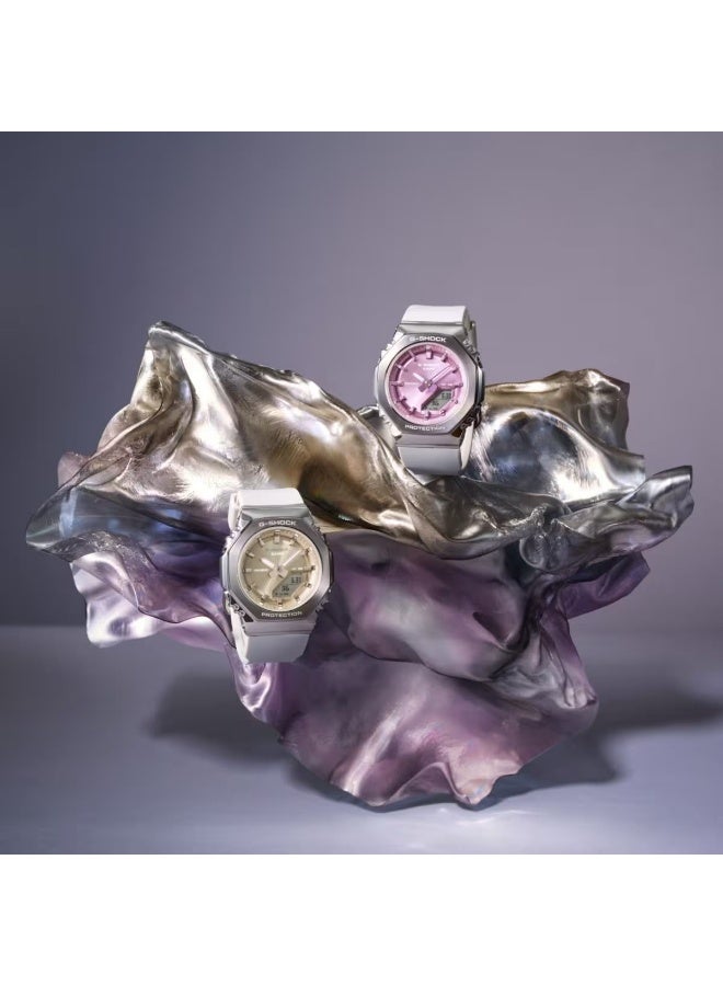 G-SHOCK Analog‑Digital Women's Watch GM‑S2110‑7A6, 45.9 mm Pink Dial & Silver Metal Bezel, White Bio‑Resin Band, 200 m WR - Image 3