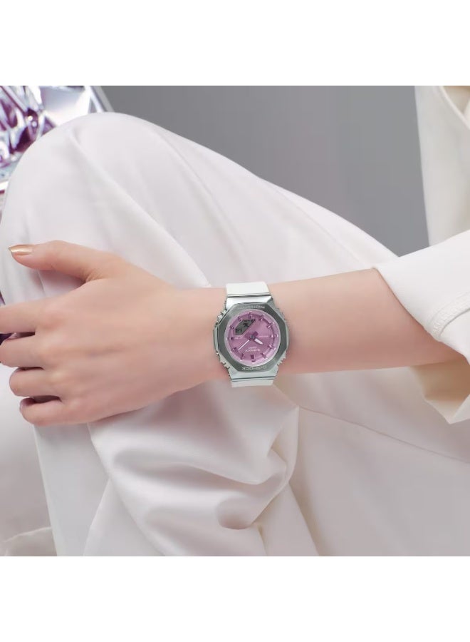 G-SHOCK Analog‑Digital Women's Watch GM‑S2110‑7A6, 45.9 mm Pink Dial & Silver Metal Bezel, White Bio‑Resin Band, 200 m WR - Image 2