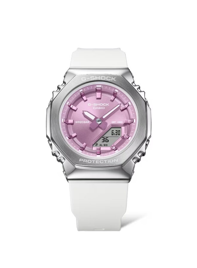 G-SHOCK Analog‑Digital Women's Watch GM‑S2110‑7A6, 45.9 mm Pink Dial & Silver Metal Bezel, White Bio‑Resin Band, 200 m WR - Image 1