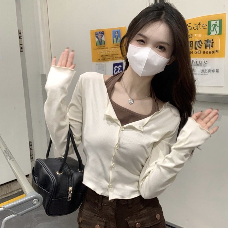 Pure desire halter inner thin suit womens design cardigan two-piece long sleeve T-shirt + camisole top for women Brown - Image 2