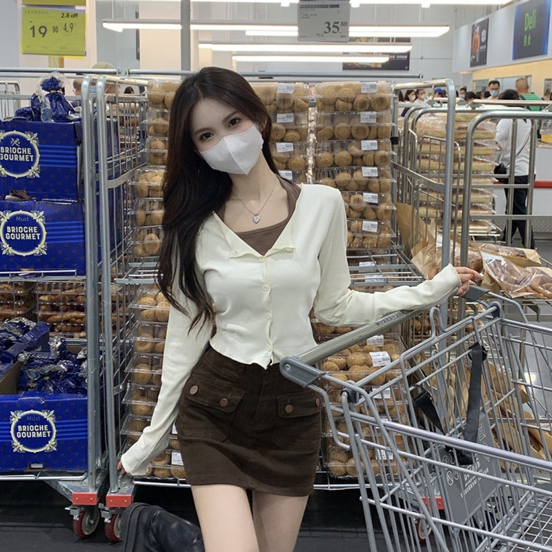 Pure desire halter inner thin suit womens design cardigan two-piece long sleeve T-shirt + camisole top for women Brown - Image 4