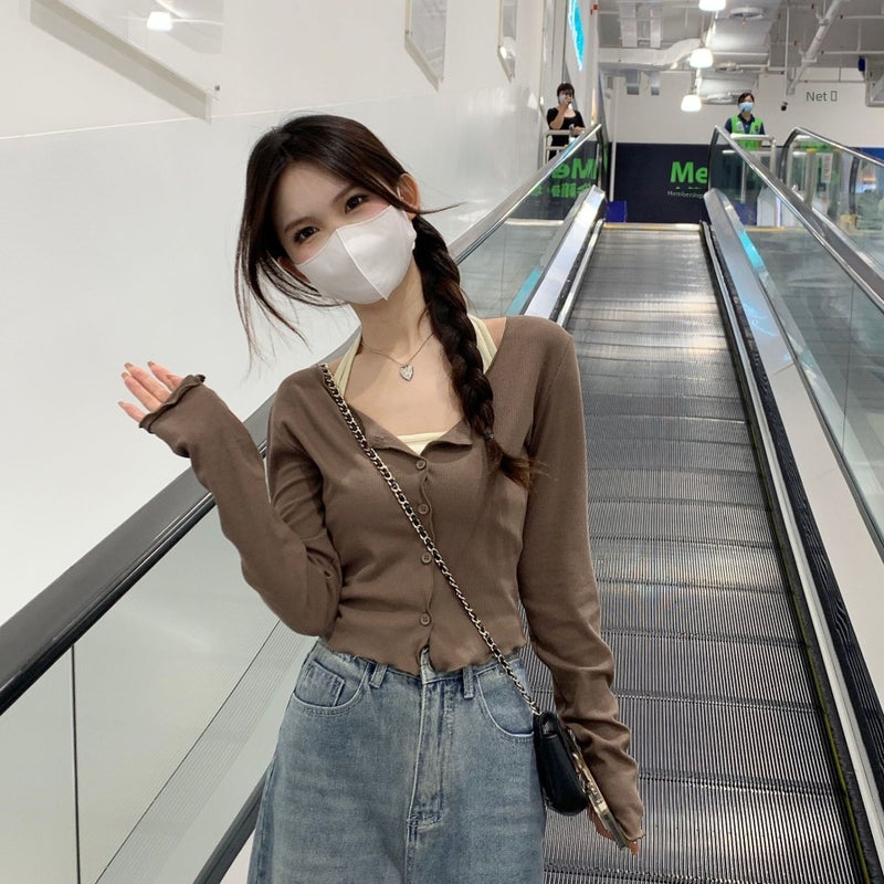 Pure desire halter inner thin suit womens design cardigan two-piece long sleeve T-shirt + camisole top for women Brown - Image 3