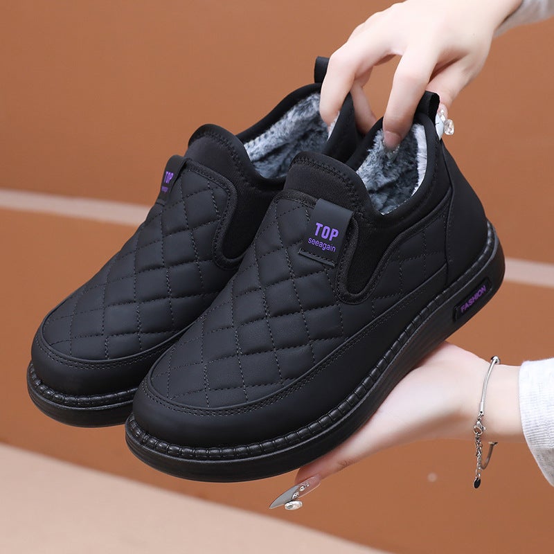 Snow boots winter men and women with one pedal soft bottom waterproof non-slip wear-resistant warm sheep wool mom and dad shoes Women's black and purple