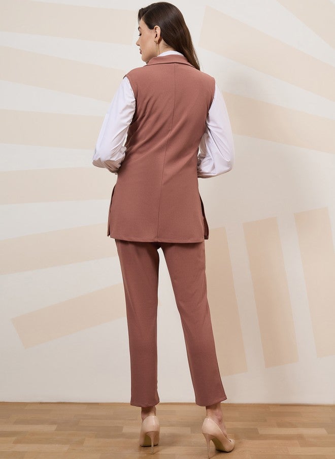 Athena Brown Sleeveless Blazer And Trousers Set For Women - Image 5