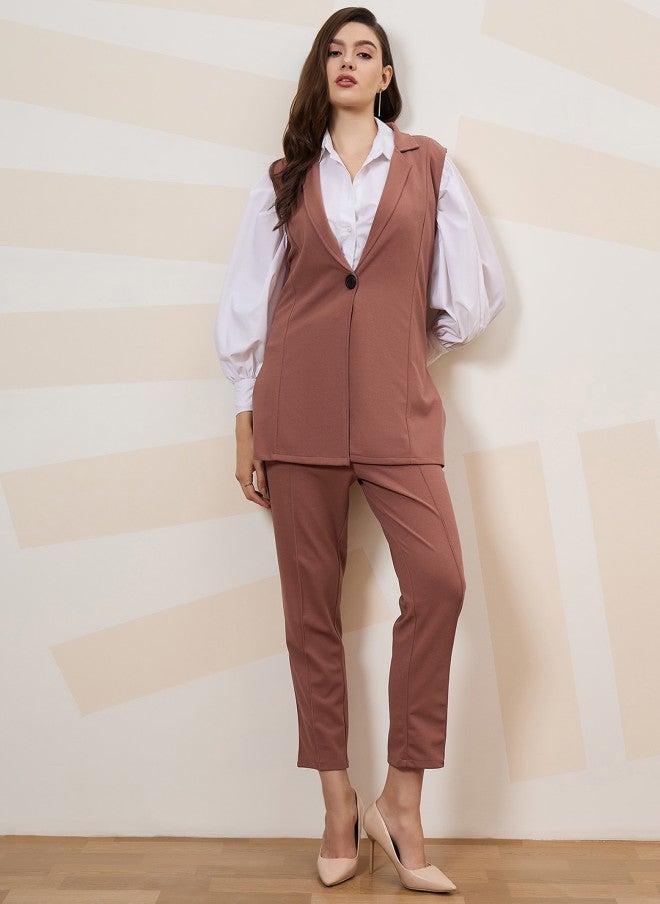 Athena Brown Sleeveless Blazer And Trousers Set For Women - Image 1