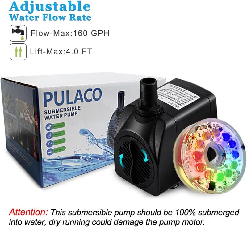 PULACO مضخة نافورة مغمورة من بقوة 10 واط وسعة تدفق 160 جالون في الساعة مع إضاءة LED، مناسبة للمياه الجارية، برك خارجية، أحواض الأسماك، ونوافير الديكور المنزلي. - Image 2