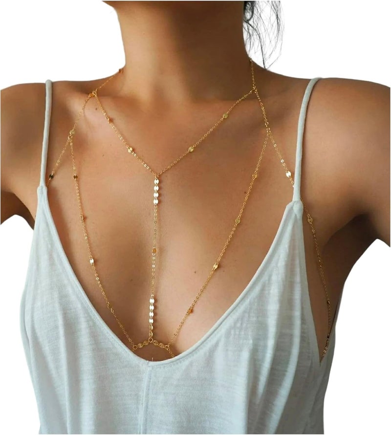 Body Chain: Gold Multilayer Coin T-Bar - Lightweight Adjustable Snap Closure Sparkling Body Jewelry for Festival, Beach, Summer Party Wear - Image 2