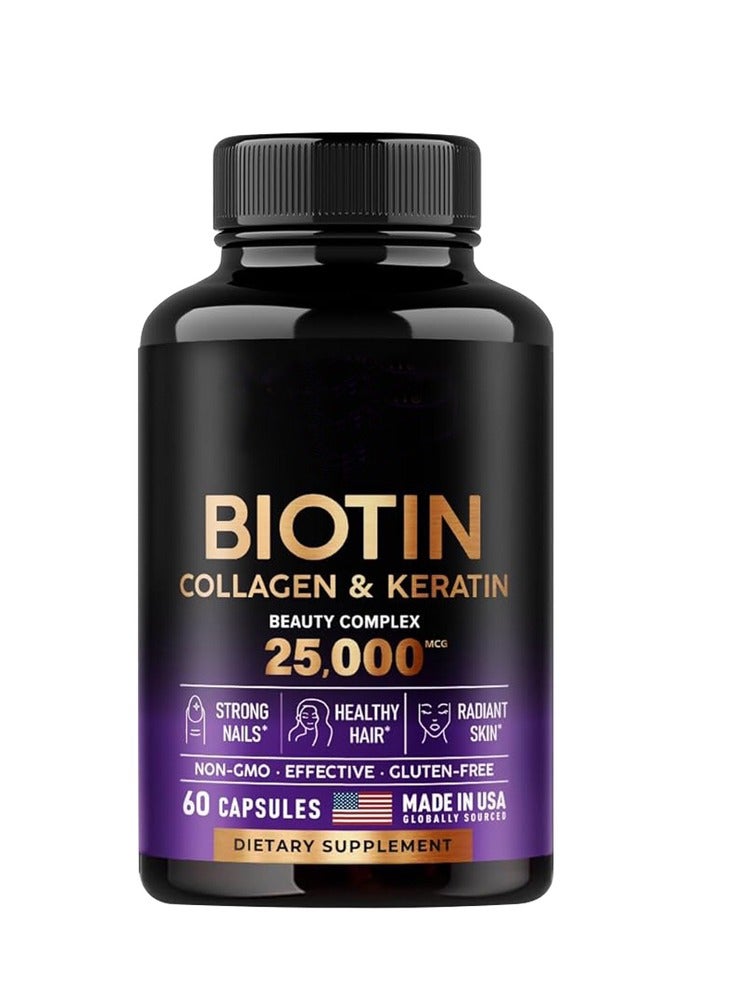 Biotin Collagen Keratin Clinically Tested Supplement Hair Growth Support Skin & Nails 25000 mcg Vitamins B2 B3 B6 & B7 B1 & Hyaluronic Acid 60 Capsules  - Image 1