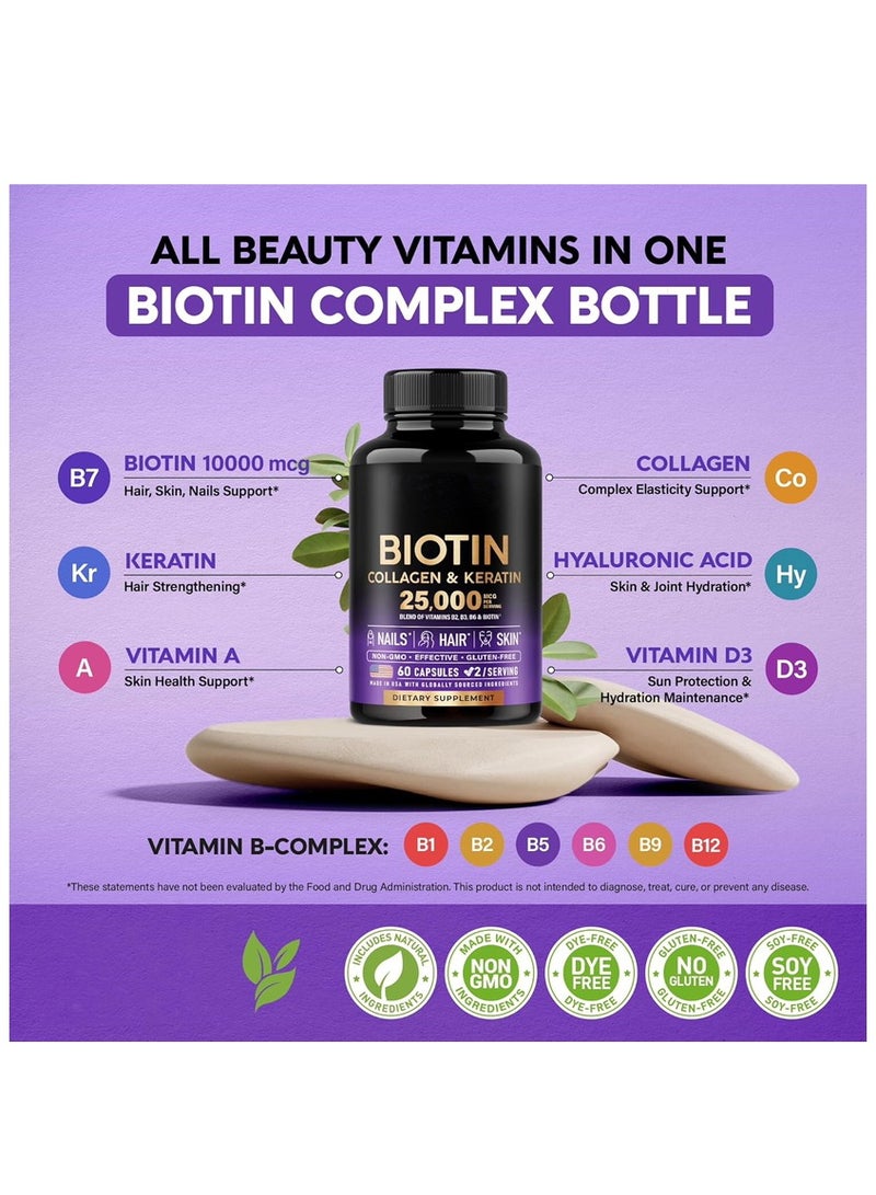 Biotin Collagen Keratin Clinically Tested Supplement Hair Growth Support Skin & Nails 25000 mcg Vitamins B2 B3 B6 & B7 B1 & Hyaluronic Acid 60 Capsules  - Image 2